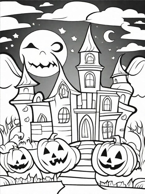 coloring page for kids Halloween scary and handsome pumpkin castle and moon