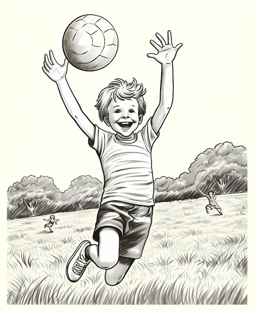 Coloring page for kids a happy boy playing with a ball