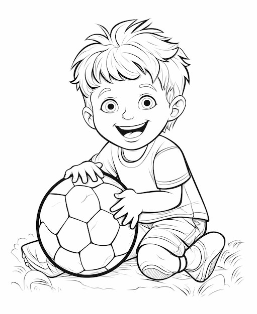 Coloring page for kids a happy boy playing with a ball