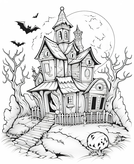 Coloring page for kids haunted house with bats