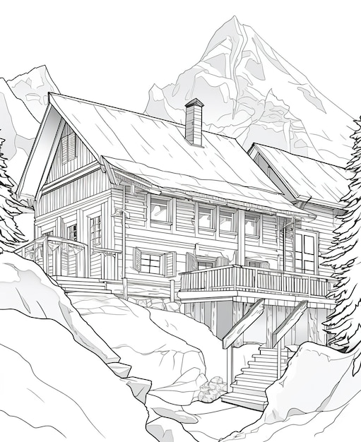 Coloring page for kids mountain chalet