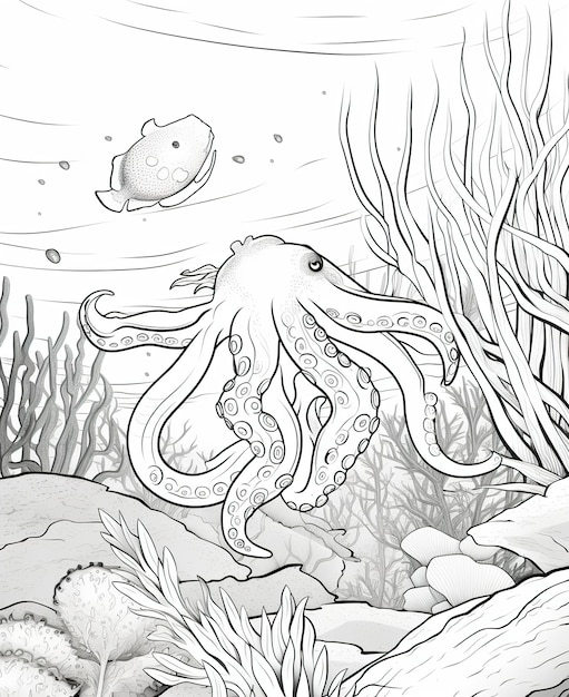 Coloring page for kids octopus on the reef