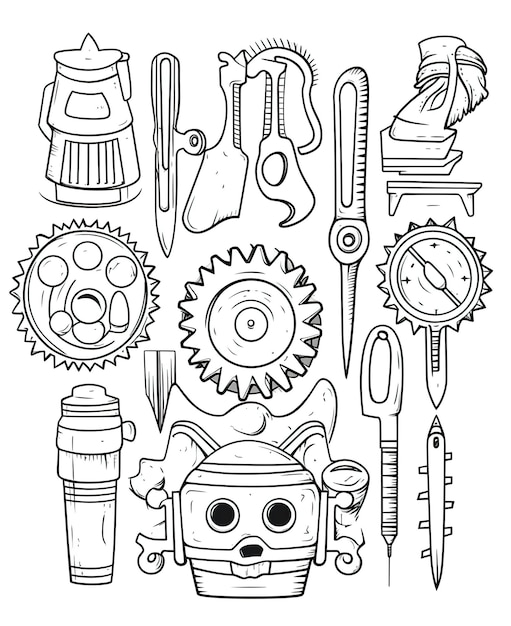 Coloring page for kids set of homemade tools