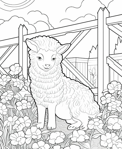 Coloring page for kids sheep in a garden