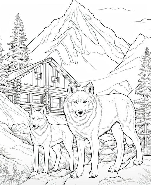 Coloring page for kids wolf and cubs holiday resort