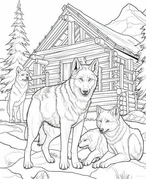 Coloring page for kids wolf and cubs holiday resort