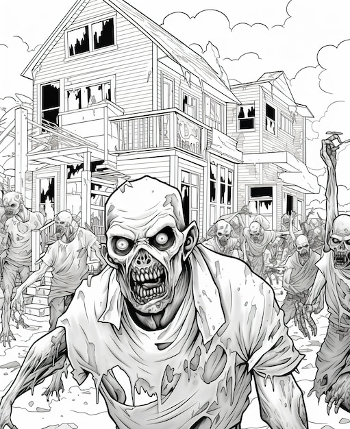 Coloring page for kids zombie horde attacks in the street