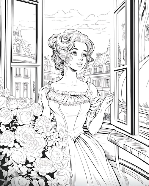 Coloring Page of Lady with Flowers