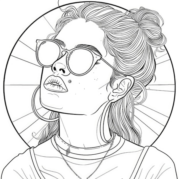 Photo coloring page line art illustration of a woman wearing sunglasses and a necklace