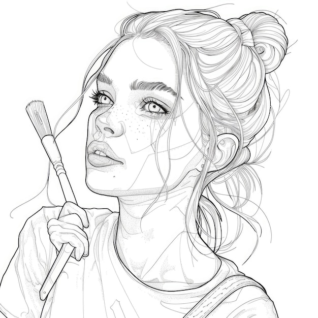 Photo coloring page line art portrait of a woman holding a paintbrush