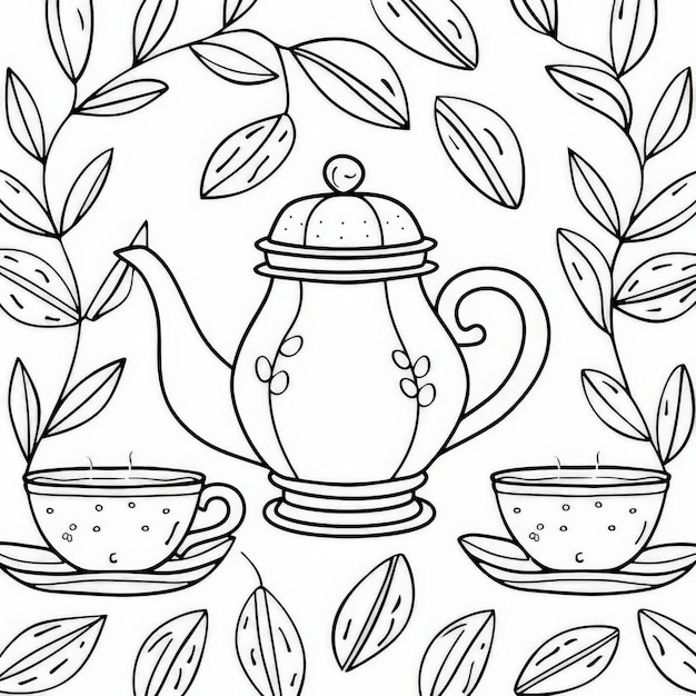 Photo coloring page line art a tea set in the style of chinese tableware surrounded by leaves minimalist simple shapes use bold of lines