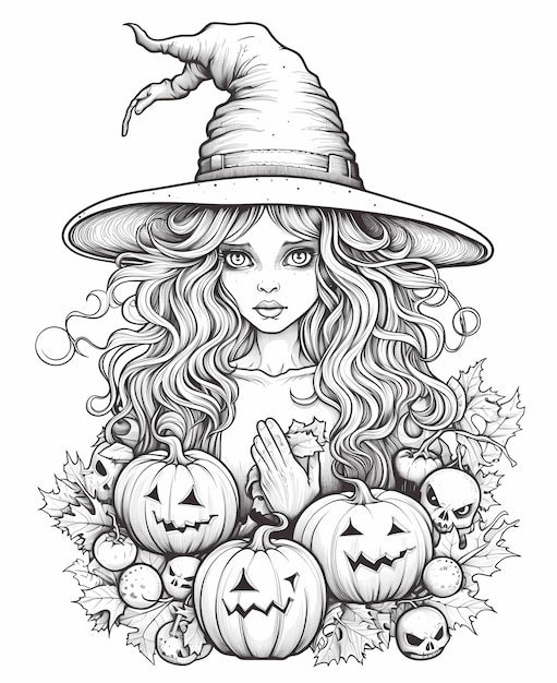 Coloring page for little kids witch and pumpkin halloween