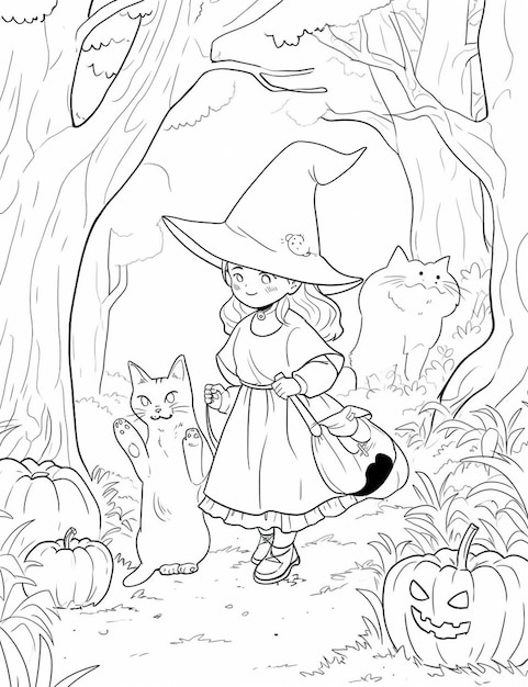 A coloring page of a little witch and her cat in the woods generative ai