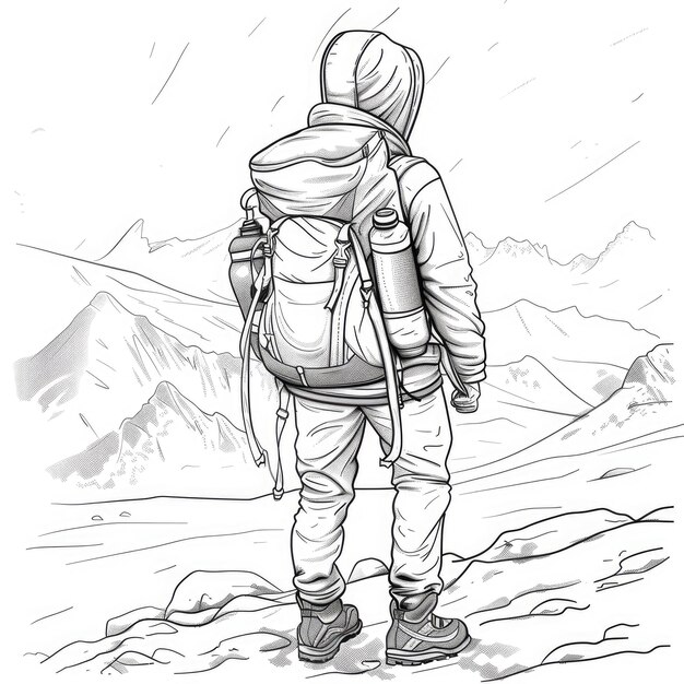 Photo coloring page a lone hiker with a backpack standing on a mountain peak