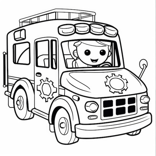 A coloring page outline of a cartoon fire truck with a fireman or firefighter promoting heroism