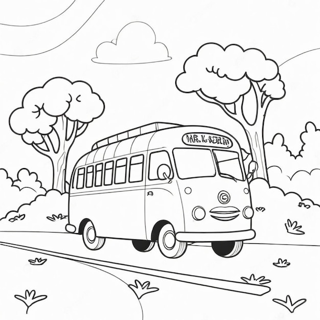 Photo coloring page outline of cute bus drawing