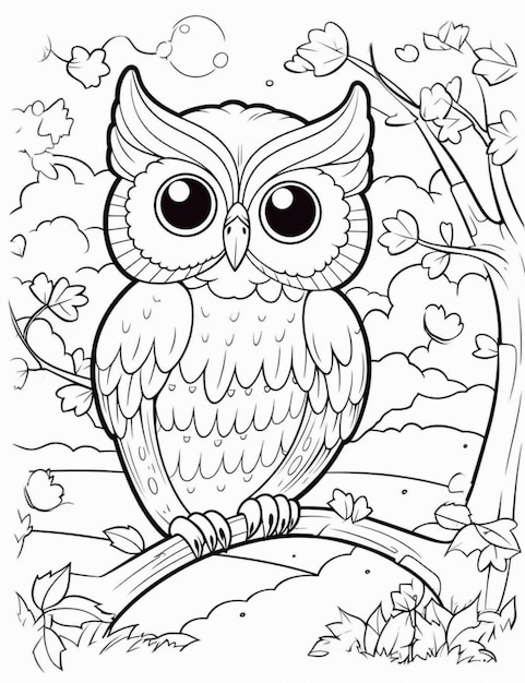 Photo a coloring page of an owl sitting on a branch generative ai