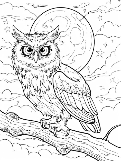 Photo a coloring page of an owl sitting on a branch with the moon in the background generative ai