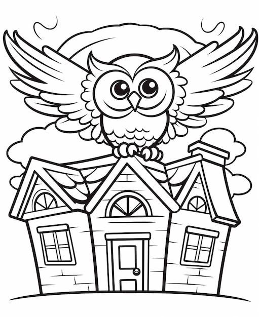 A coloring page of an owl sitting on top of a house generative ai