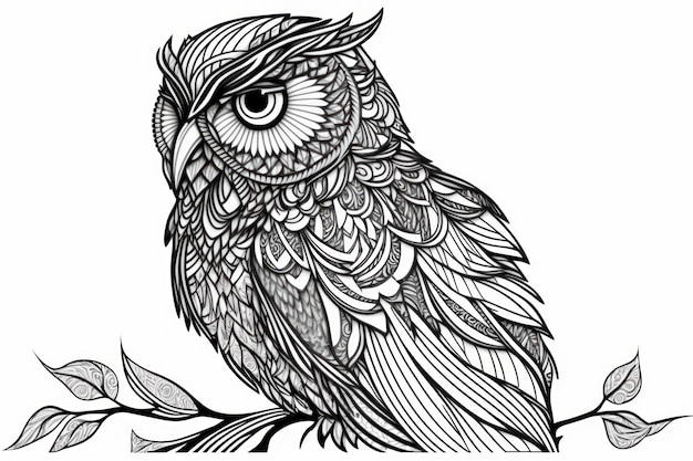 Coloring page owl think lines tribal style no shadow