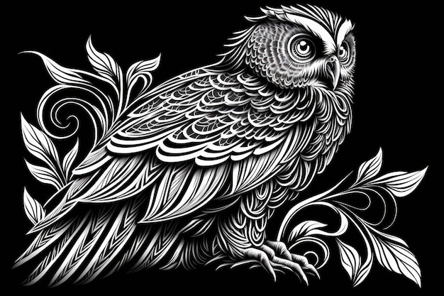 Coloring page owl think lines tribal style no shadow