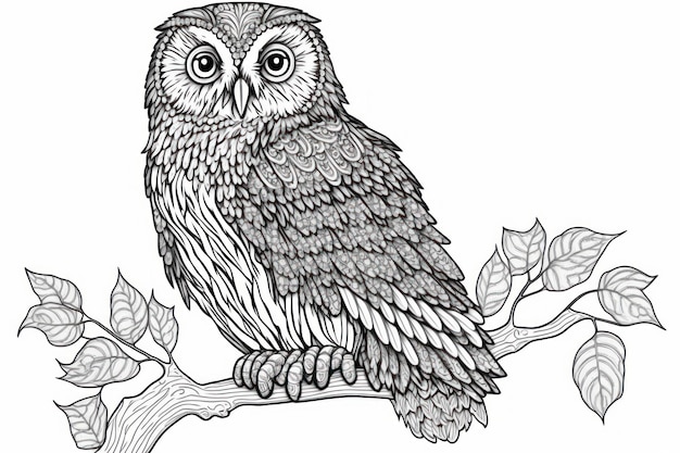 Coloring page owl think lines tribal style no shadow