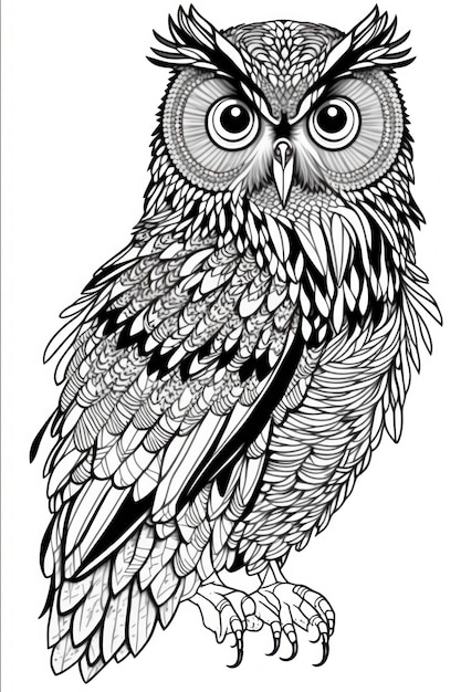 Coloring page owl think lines tribal style no shadow