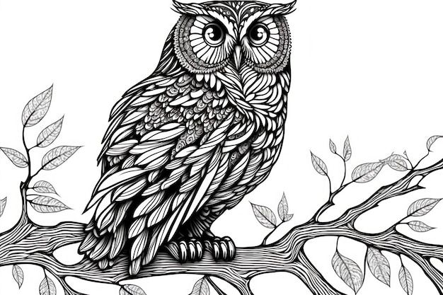 Coloring page owl think lines tribal style no shadow