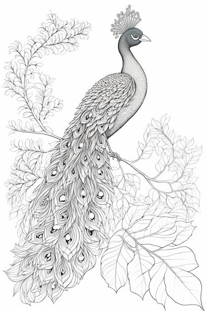 Coloring page peacock think lines no shadow