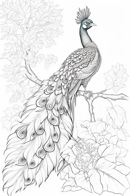 Coloring page peacock think lines no shadow