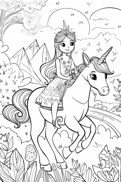 Photo a coloring page of a princess riding a unicorn in a field generative ai