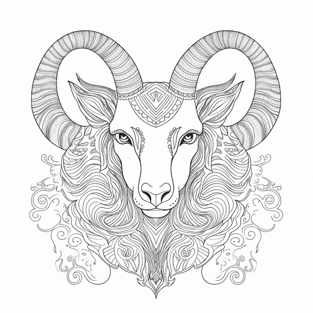 A coloring page of a ram with a long horn and a swirly mane generative ai