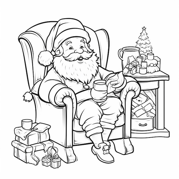 a coloring page of santa claus sitting in a chair with a cup of coffee generative ai