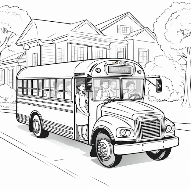 Photo a coloring page of a school bus with a boy on the front generative ai