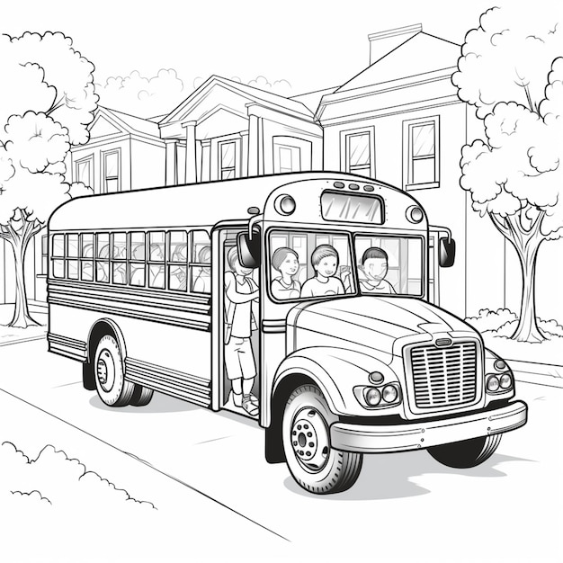 Photo a coloring page of a school bus with a group of children generative ai