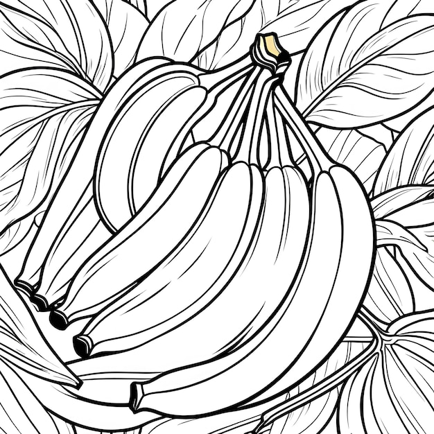 a coloring page showcasing a bunch of bananas with their curved shape and smooth skin