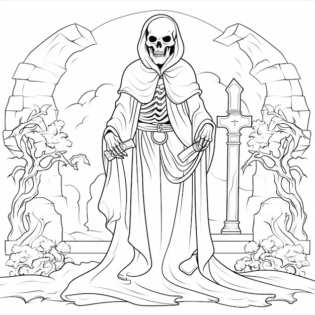 a coloring page of a skeleton in a robe and a robe generative ai