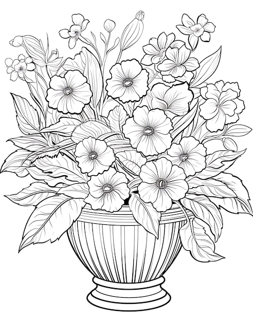 Coloring Page in the Style of a Pot Full of Flowers