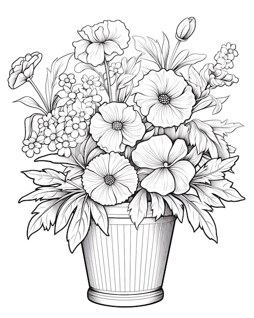 Coloring Page in the Style of a Pot Full of Flowers