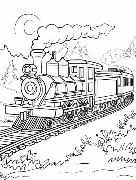 a coloring page of a train traveling down the tracks generative ai