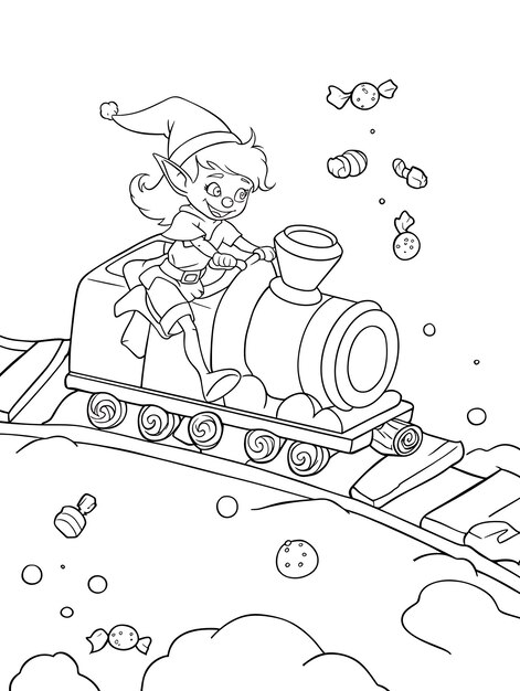 Photo a coloring page of a train with a girl riding on it