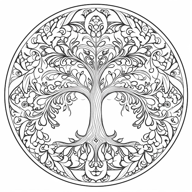 a coloring page of a tree with a circular design generative ai