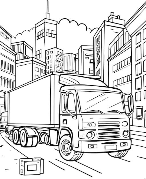 Photo a coloring page of a truck driving down a city street