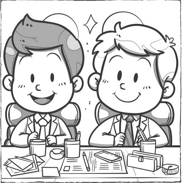 Coloring Page Two Cartoon Businessmen Sitting at a Desk