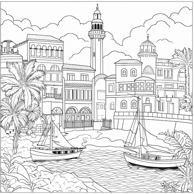 a coloring page with a boat and a lighthouse in the background generative ai