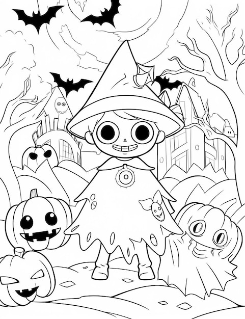 A coloring page with a cartoon character dressed as a witch and other characters generative ai