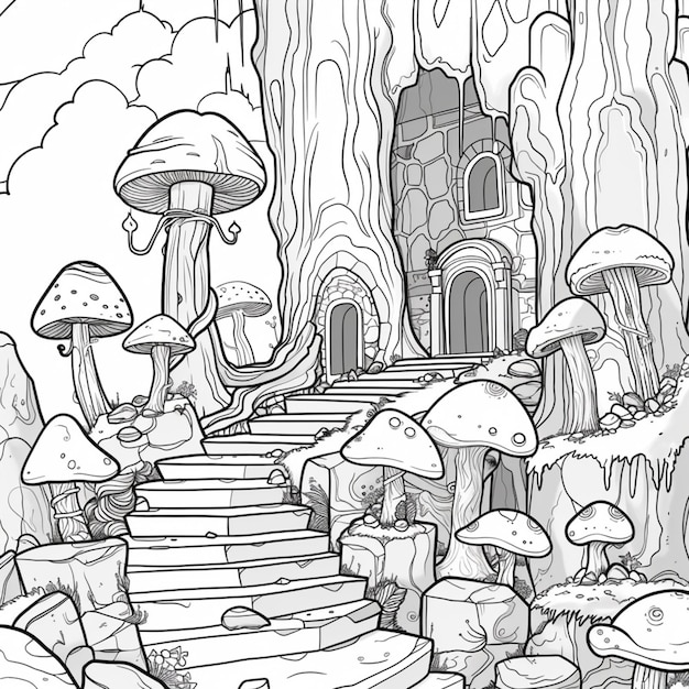 a coloring page with a castle and a lot of mushrooms generative ai