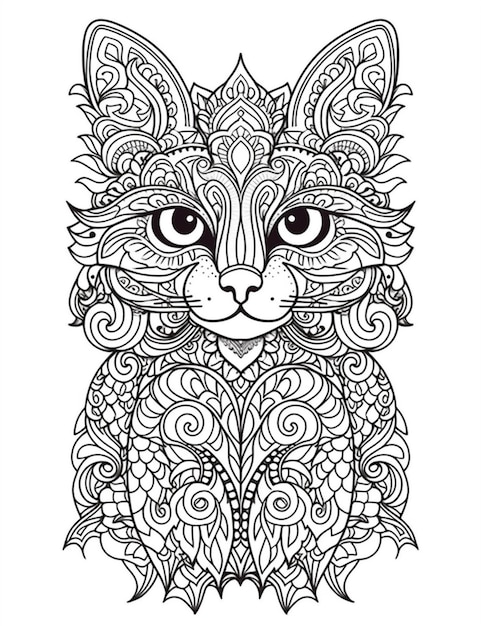 A coloring page with a cat with intricate patterns generative ai