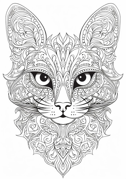 a coloring page with a cats face and ornate patterns generative ai