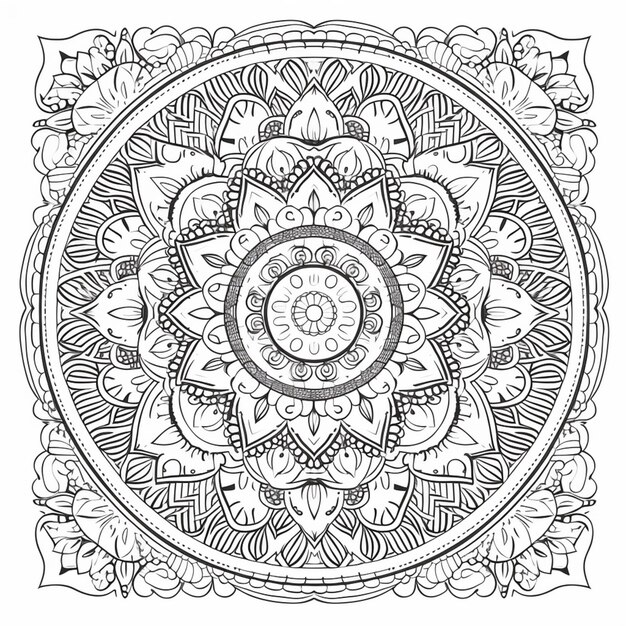 A coloring page with a circular design in black and white generative ai